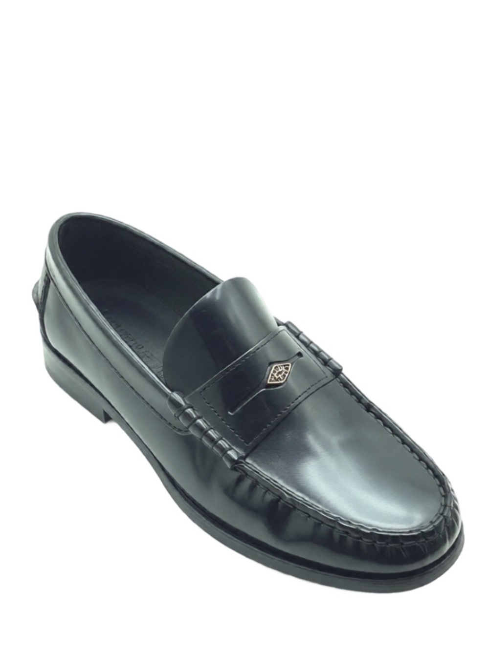 ba&sh Black Leather Slip-On Penny Loafers with Metal Medallion